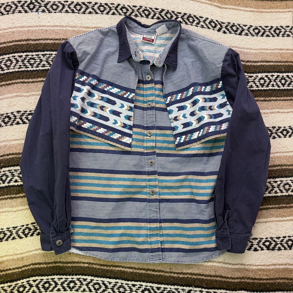 Women's Vintage Cowboy Turtle Blue Striped Roper Button Up Long Sleeve Shirt L